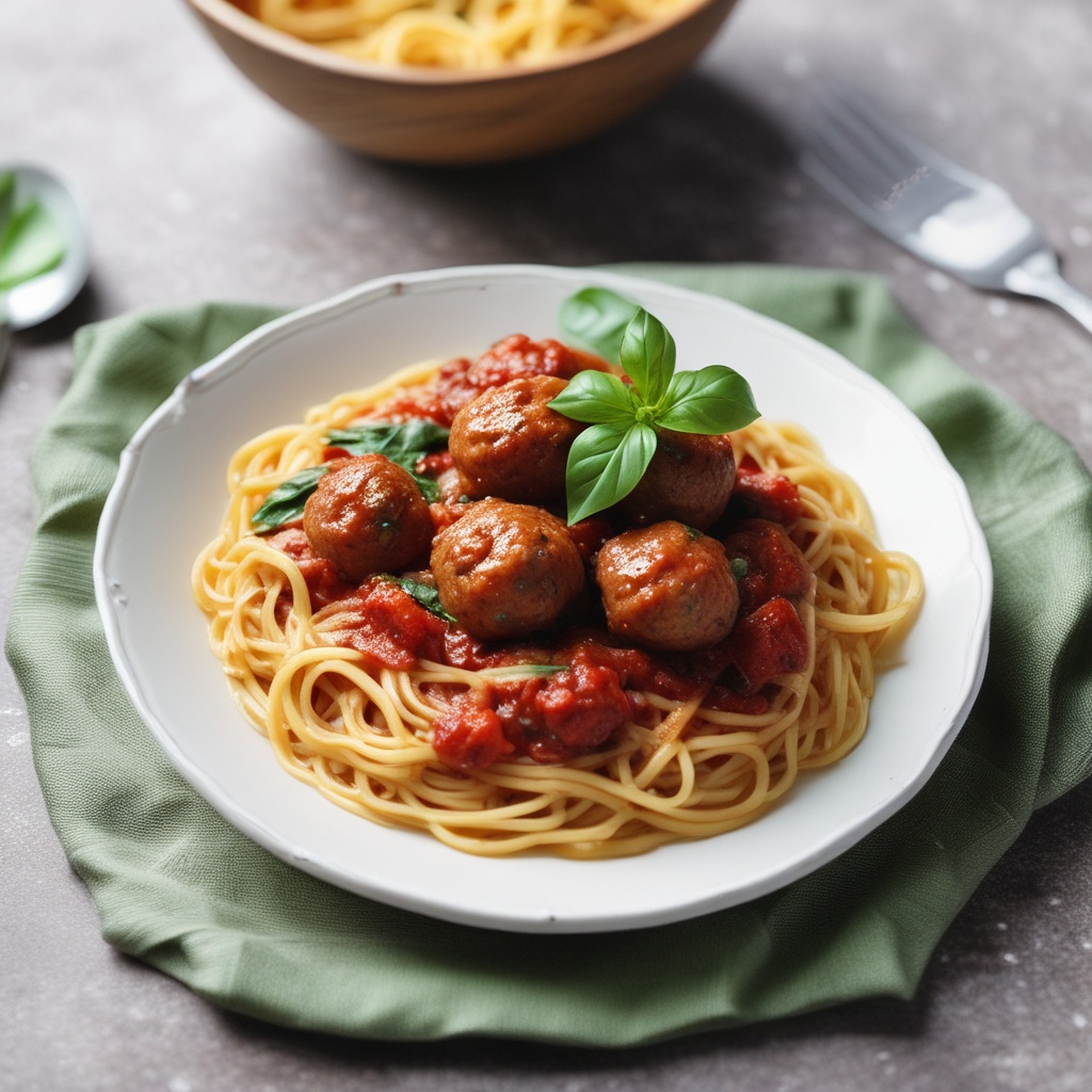 Spaghetti with meatballs and basil garnish